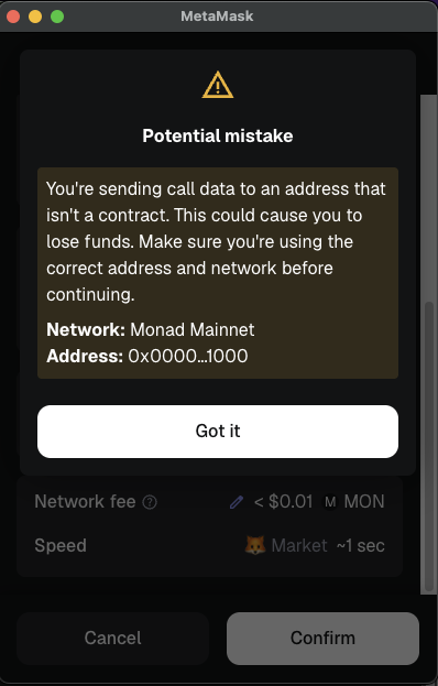 Monad Staking Metamask warning
